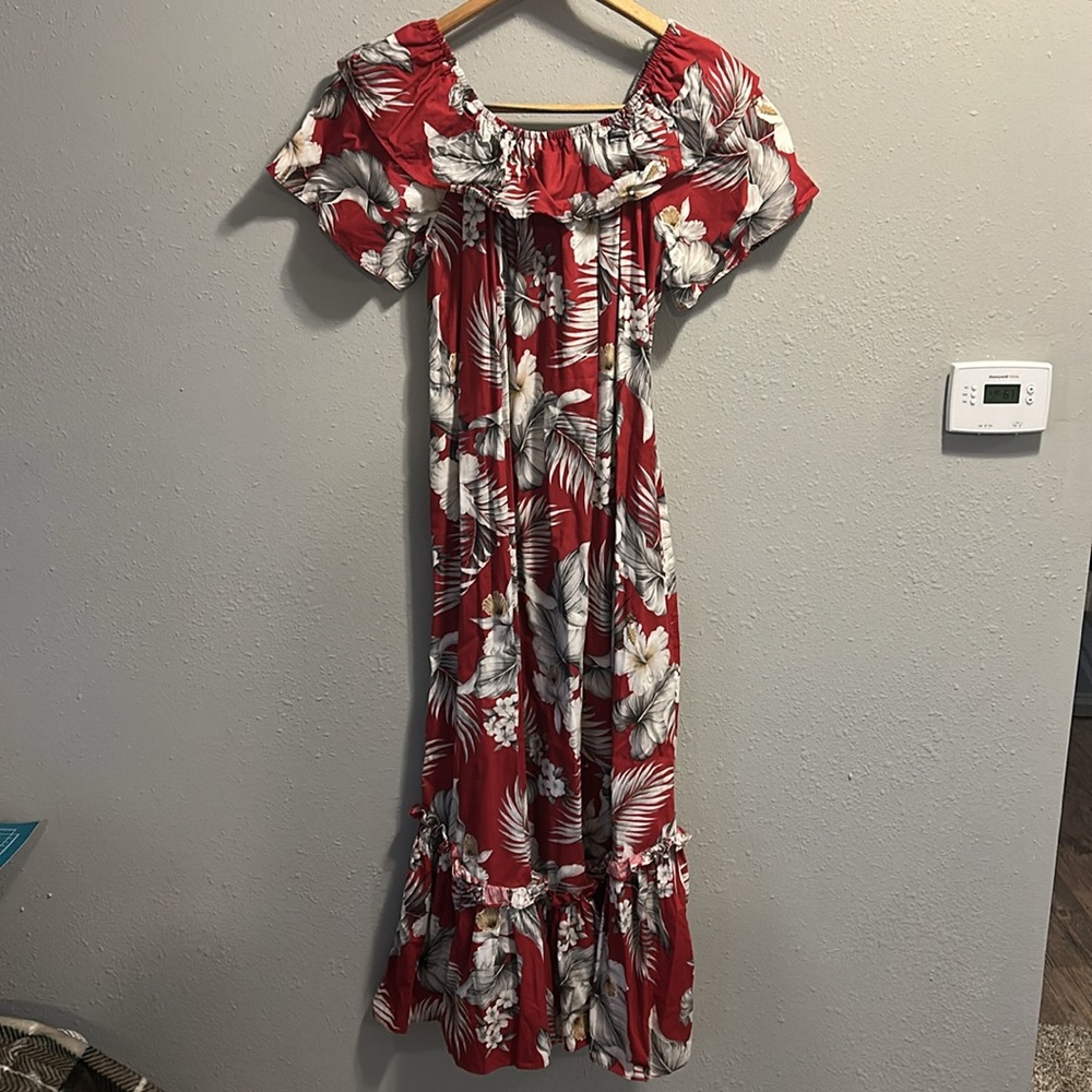 Vintage Aloha Mo'i Hawaii Floral Mumu Red Dress Off‎ Shoulder Midi - Picture 6 of 6